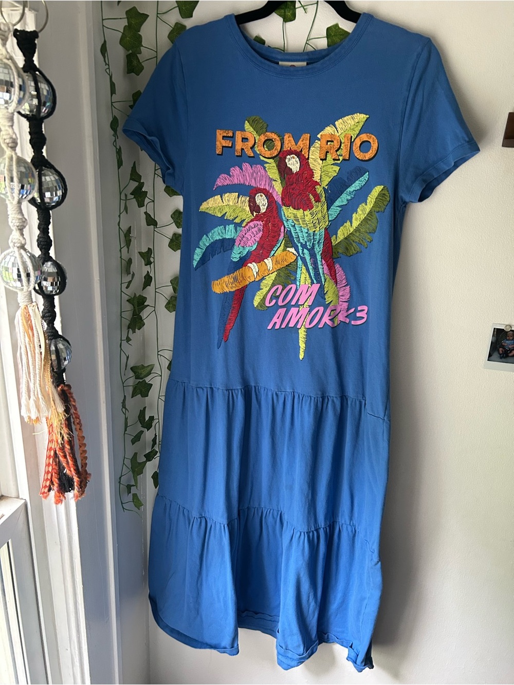 Farm Rio Blue Parrot Graphic Tiered Dress with Bright Tropical Print
